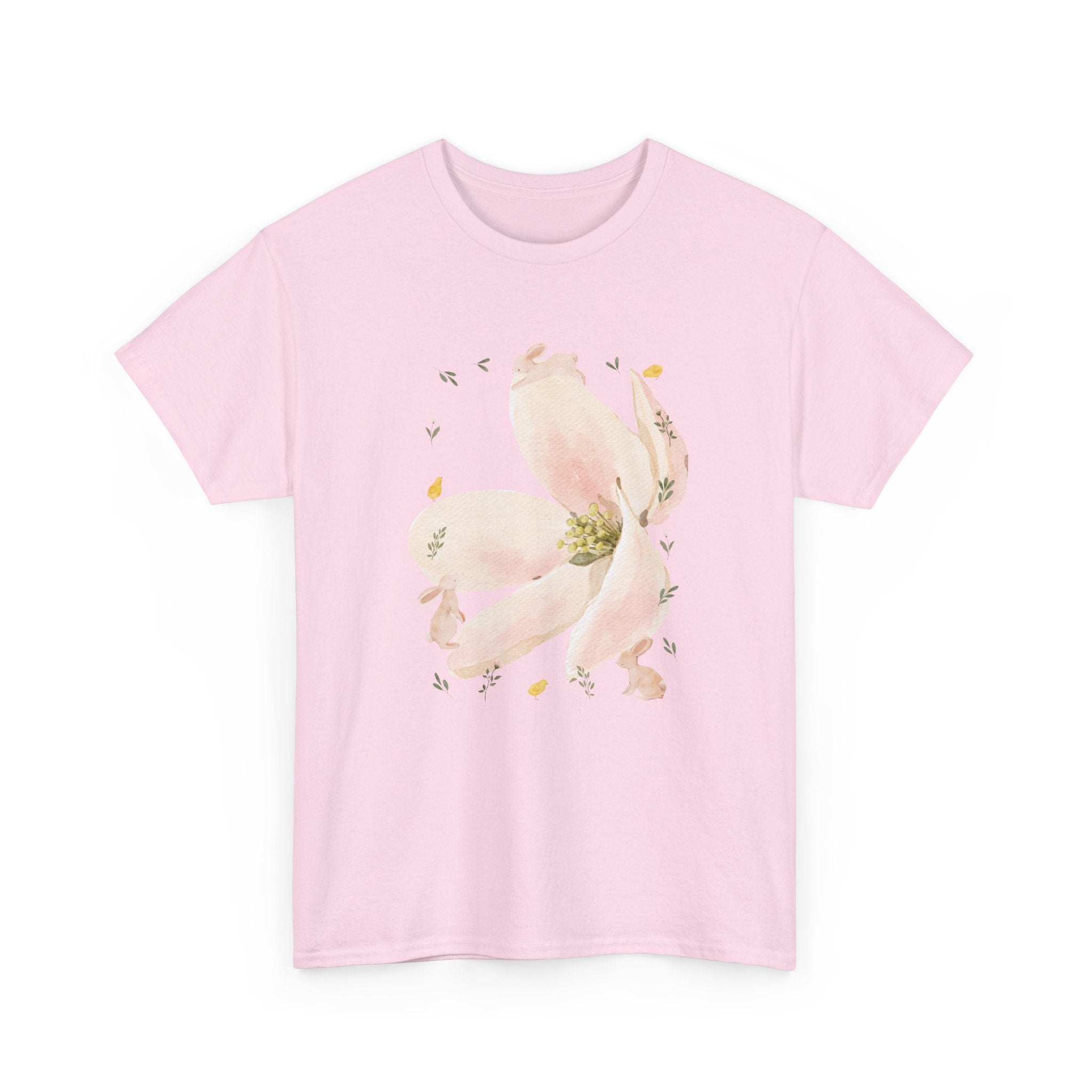 Pink t-shirt with a pink bloom surrounded by bunnies in various poses.