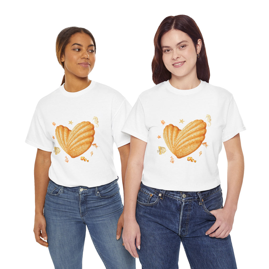 Two girls wearing white t-shirts featuring a graphic design of a heart-shaped madeleine surrounded by yellow tropical fish, starfish, seahorses, and coral.