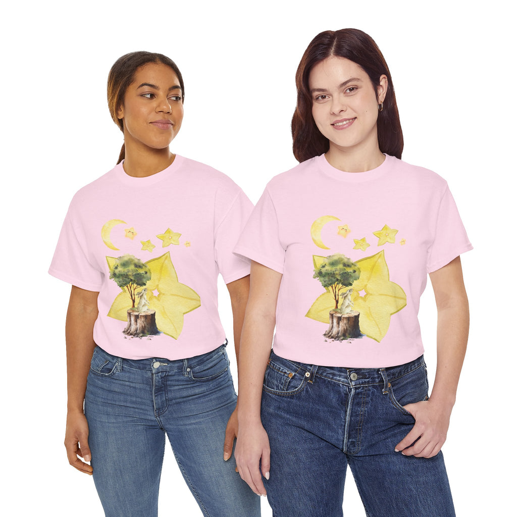 Two girls wearing pink t-shirts featuring a graphic design of a tree stump, leaves, and starfruit celestial elements.