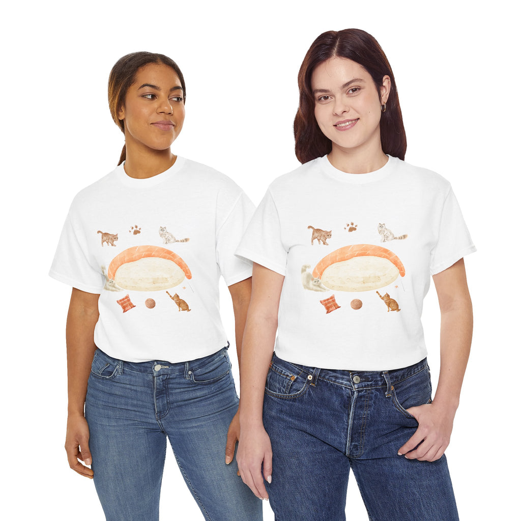 Two girls wearing white t-shirts featuring a graphic design of a piece of nigiri sushi surrounded by a circle of cats, yarn balls, and cushions.