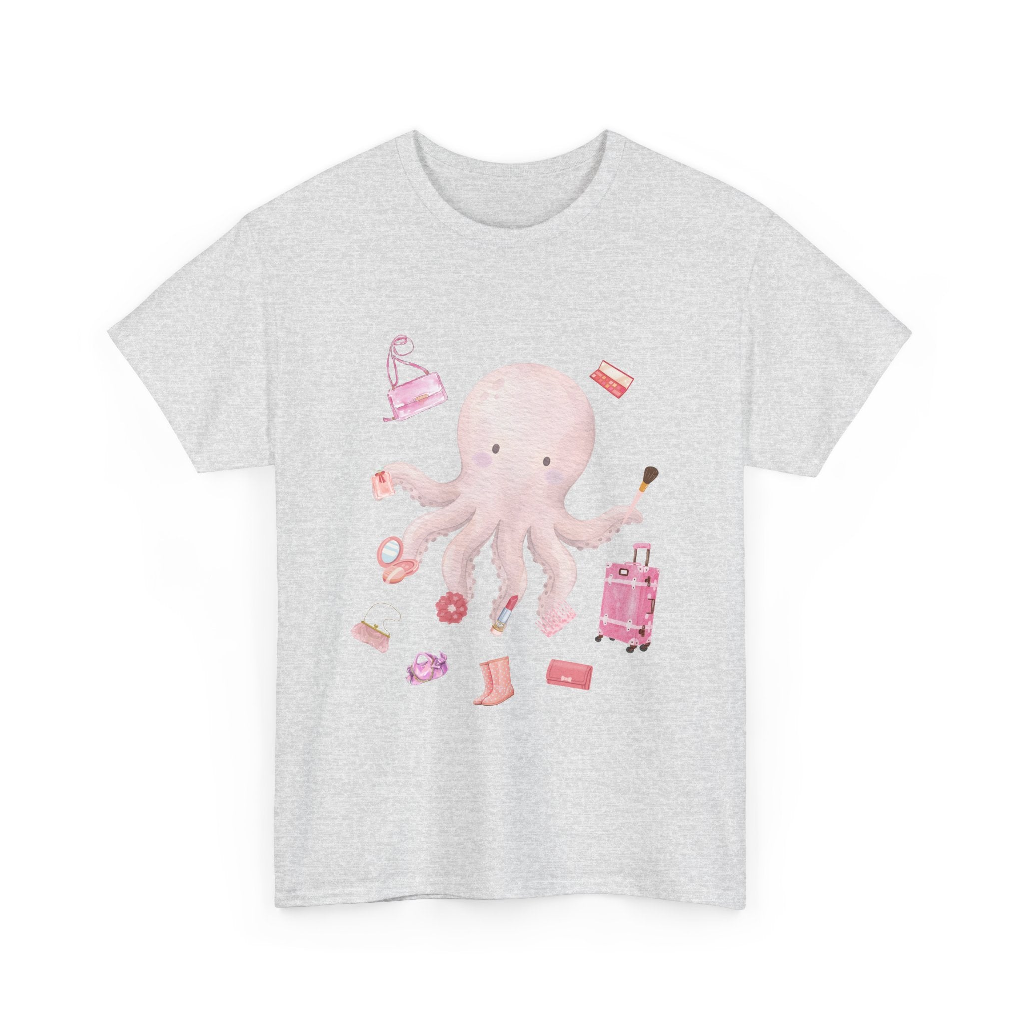 Grey t-shirt with a pink octopus multitasking its tentacles to apply lipstick, brush on makeup, and juggle beauty accessories.