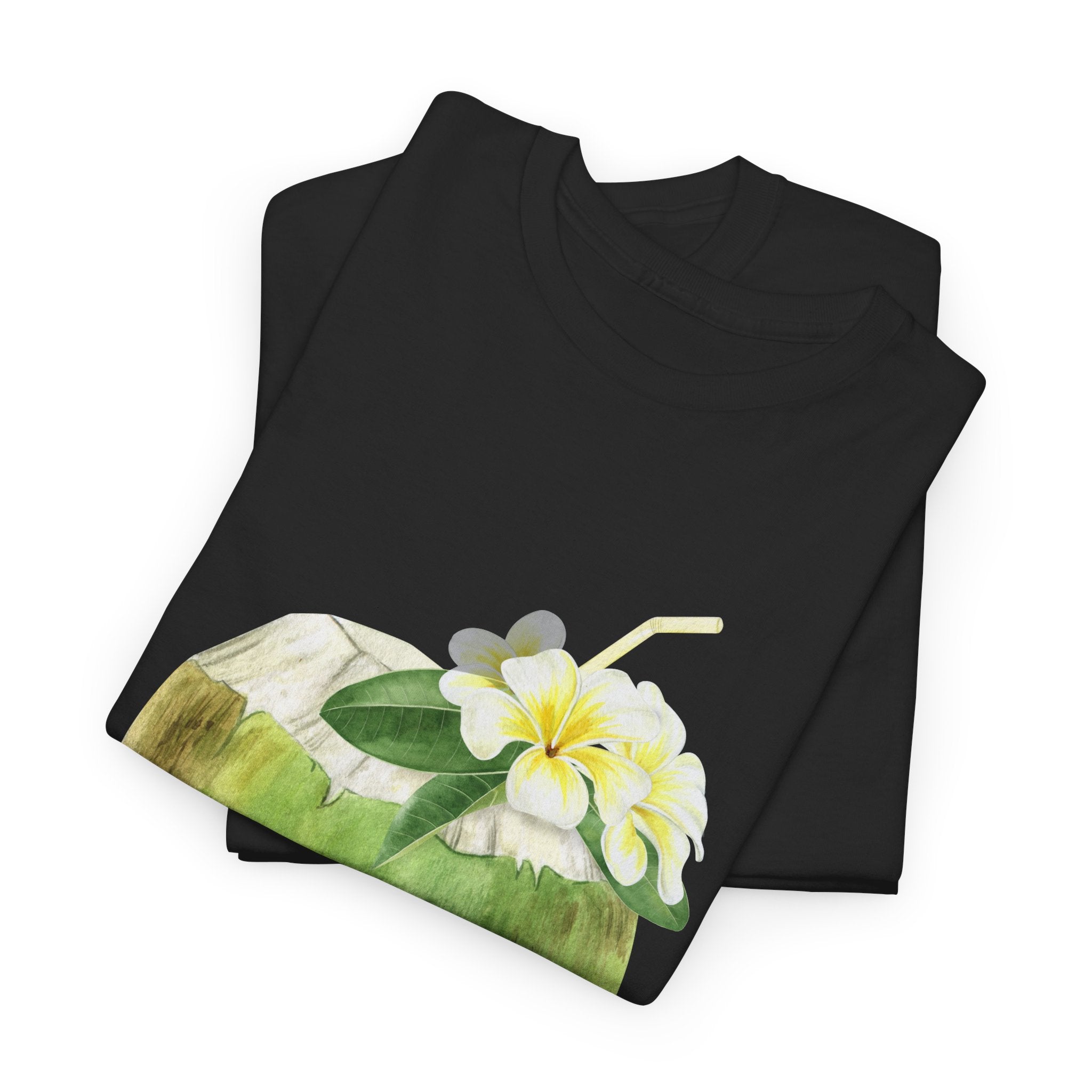 A folded black t-shirt featuring a graphic design of a hermit crab in a coconut shell and a straw-topped coconut.