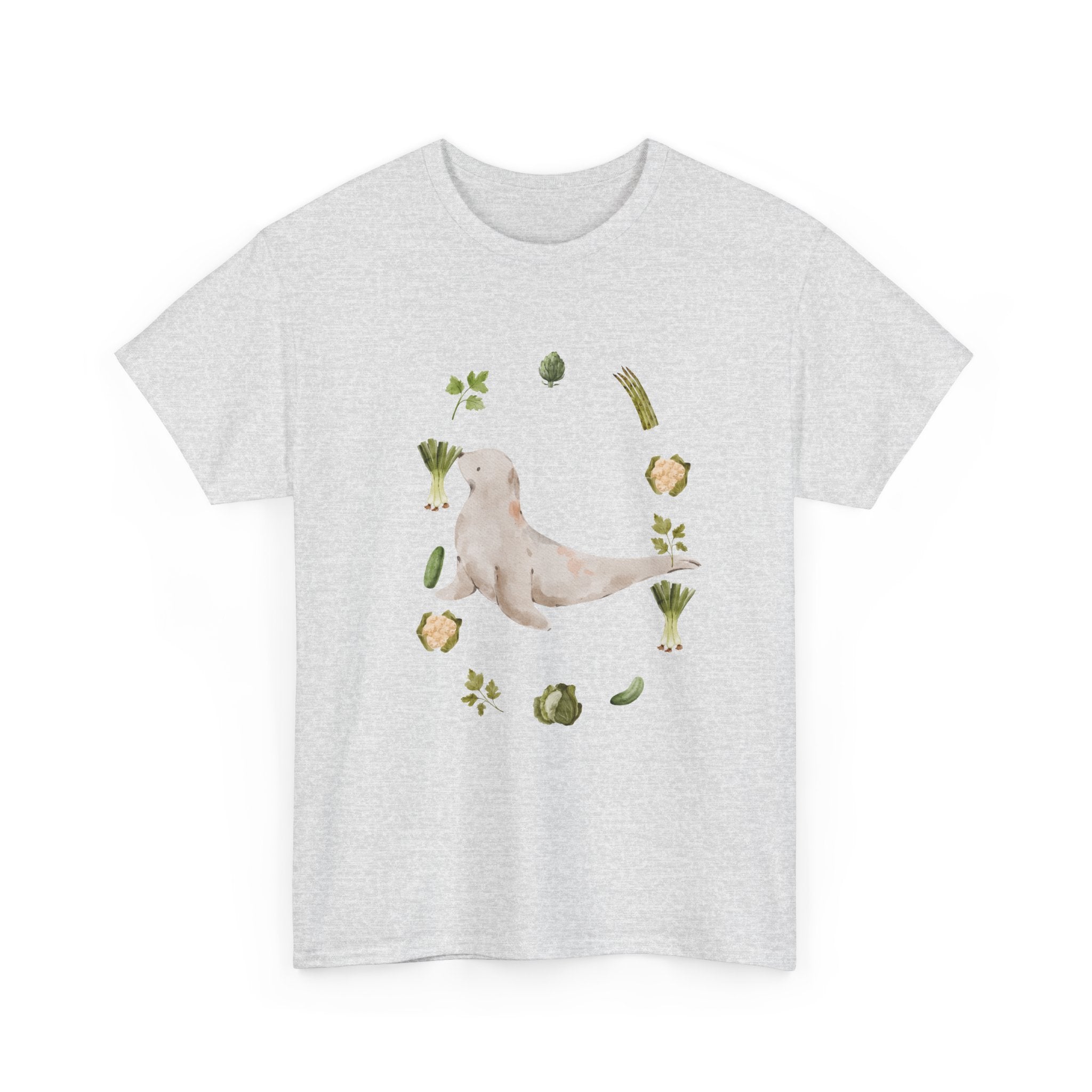 Grey t-shirt with a sea lion surrounded by green onions, cabbage, and broccoli.