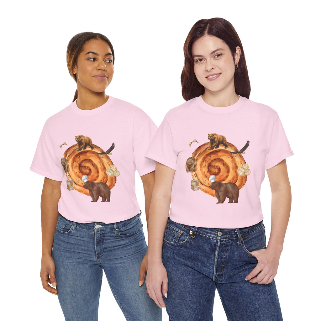 Two girls wearing pink t-shirts featuring a graphic design of a cinnamon roll surrounded by several hungry bears.