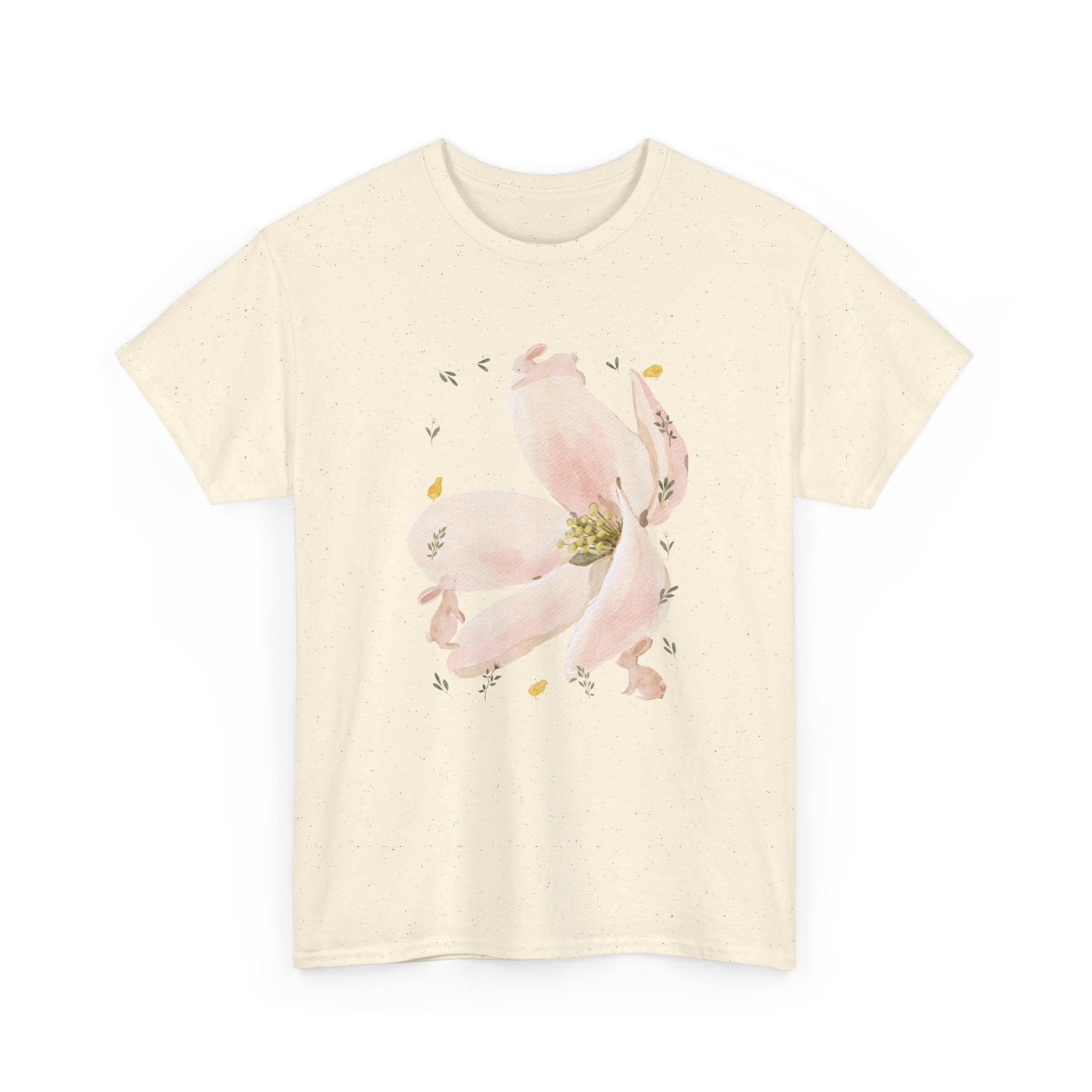 Beige t-shirt with a pink bloom surrounded by bunnies in various poses.