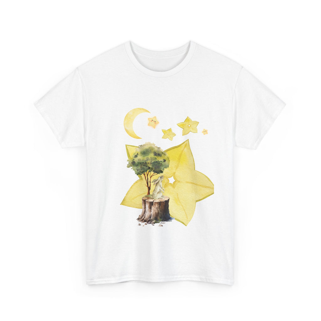 White t-shirt with a tree stump, leaves, and starfruit celestial graphics.