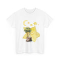 White t-shirt with a tree stump, leaves, and starfruit celestial graphics.