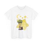 White t-shirt with a tree stump, leaves, and starfruit celestial graphics.