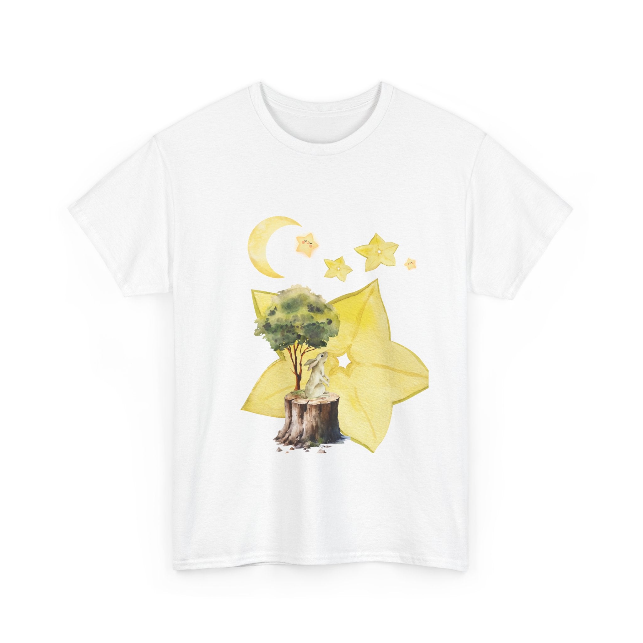 White t-shirt with a tree stump, leaves, and starfruit celestial graphics.