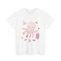 White t-shirt with a pink octopus multitasking its tentacles to apply lipstick, brush on makeup, and juggle beauty accessories.