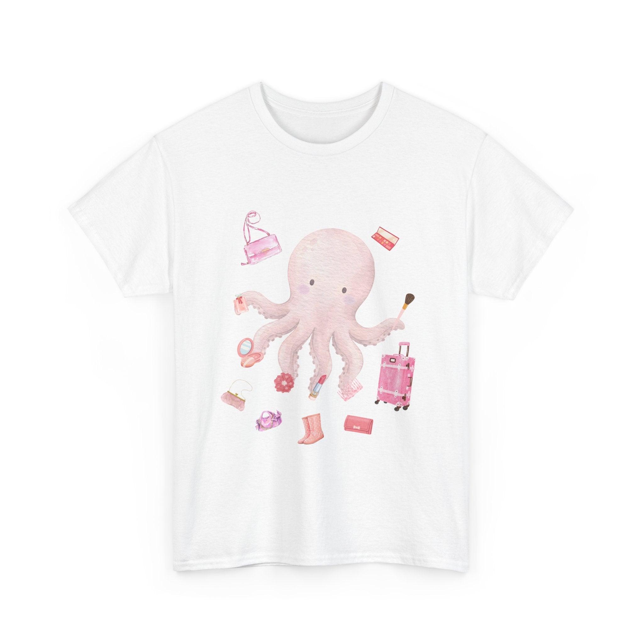 White t-shirt with a pink octopus multitasking its tentacles to apply lipstick, brush on makeup, and juggle beauty accessories.