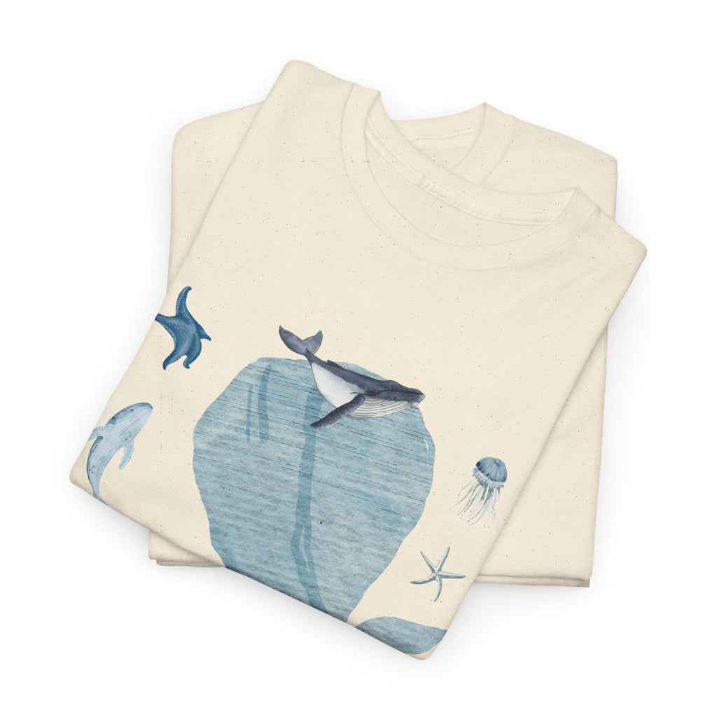 A folded beige t-shirt featuring a graphic design of a pink bloom surrounded by bunnies in various poses.