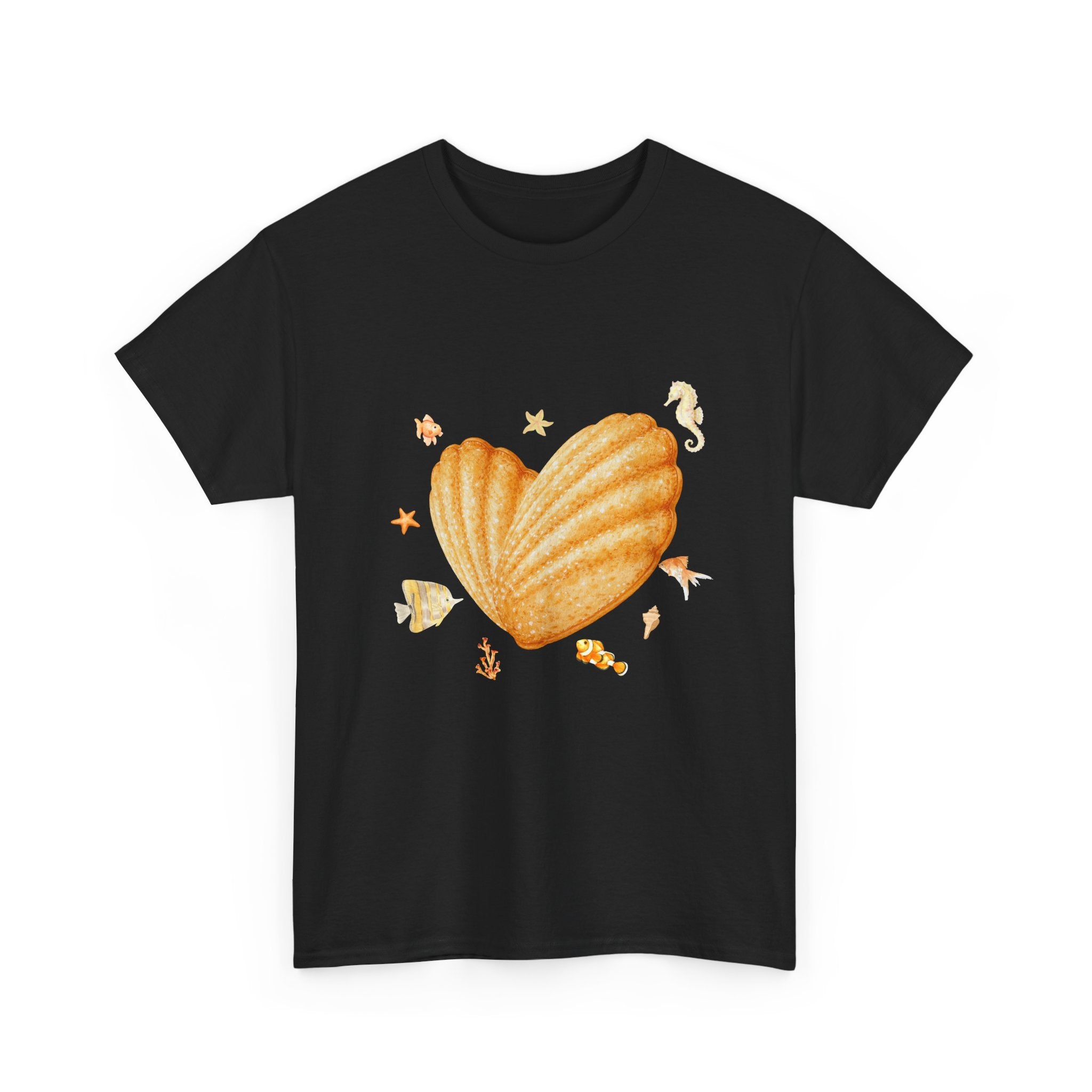 Black t-shirt with a heart-shaped madeleine surrounded by yellow tropical fish, starfish, seahorses, and coral.