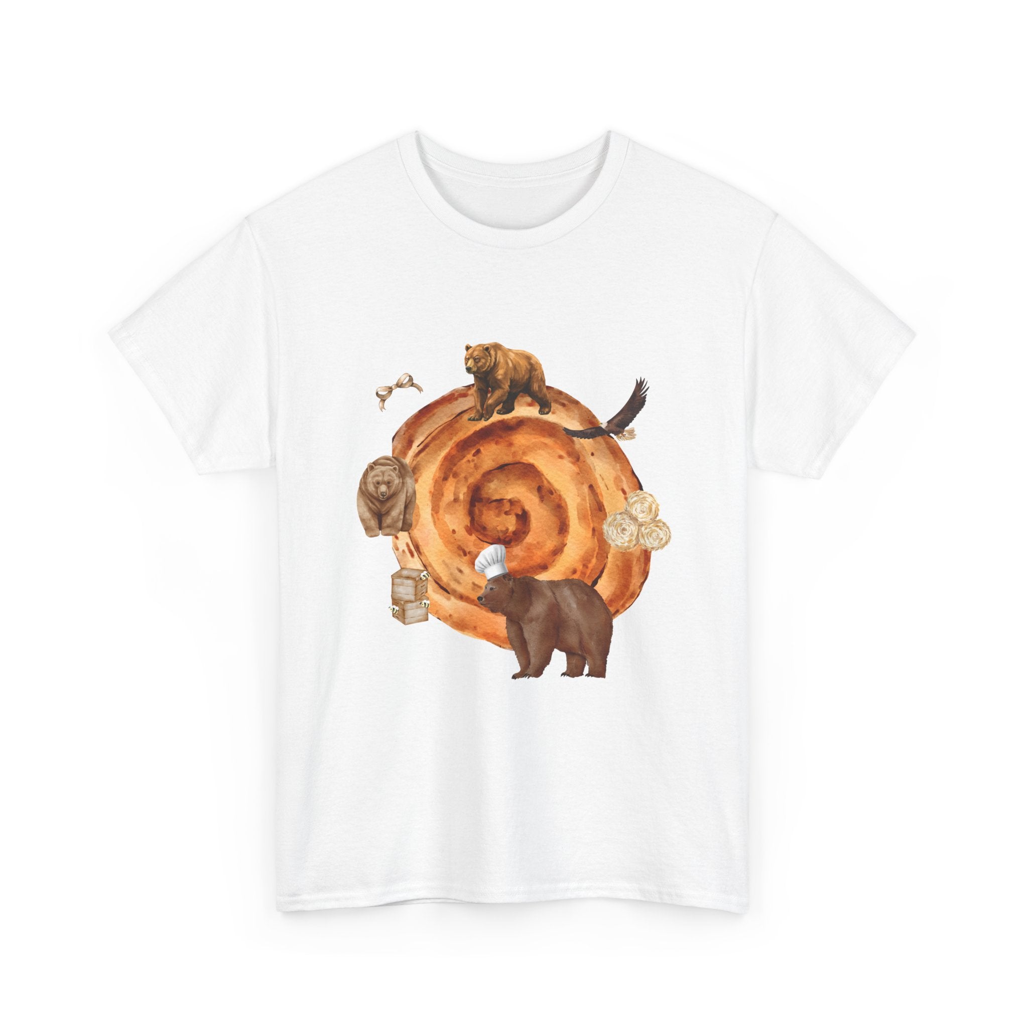 White t-shirt with a cinnamon roll surrounded by several hungry bears.