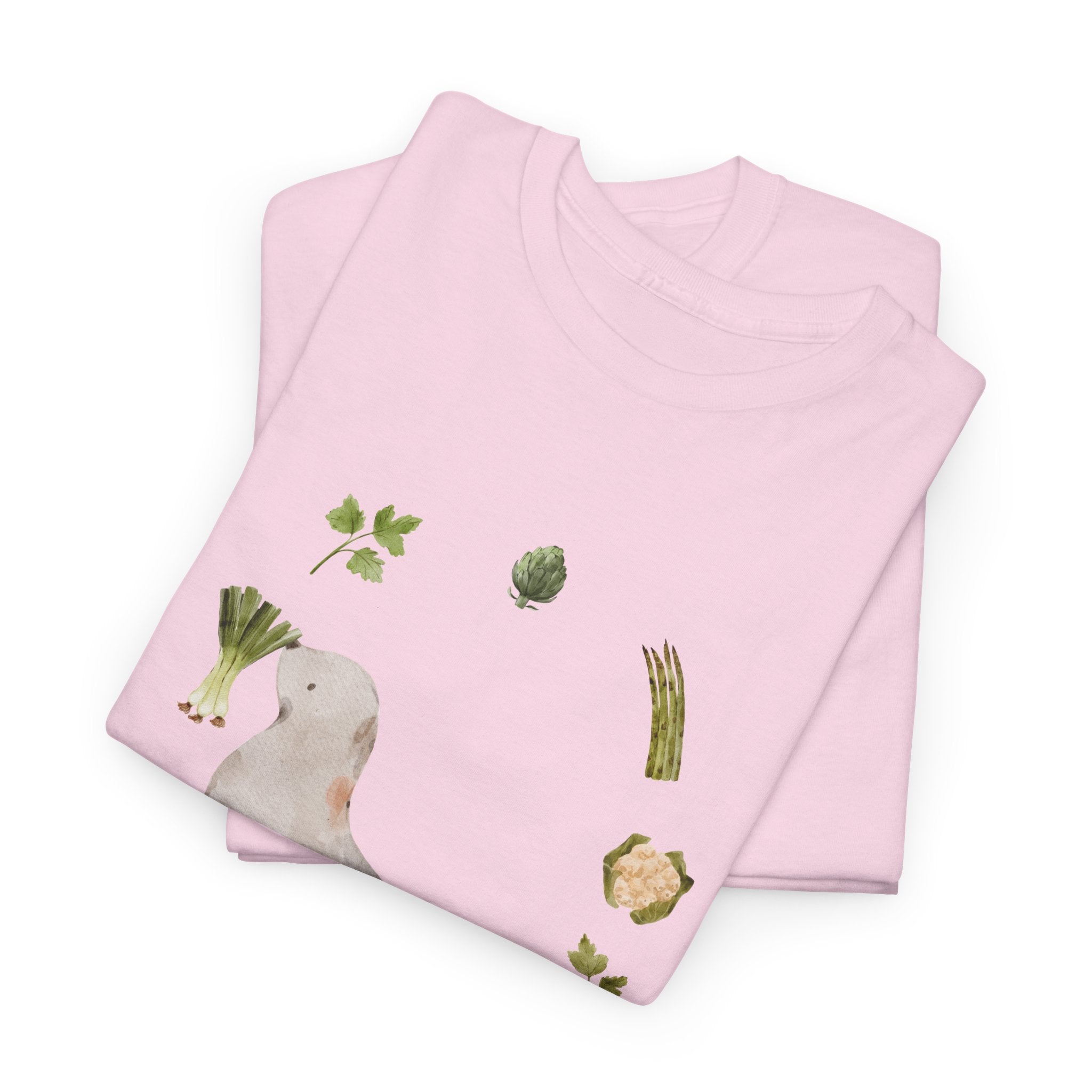 A folded pink t-shirt featuring a graphic design of a sea lion surrounded by green onions, cabbage, and broccoli.