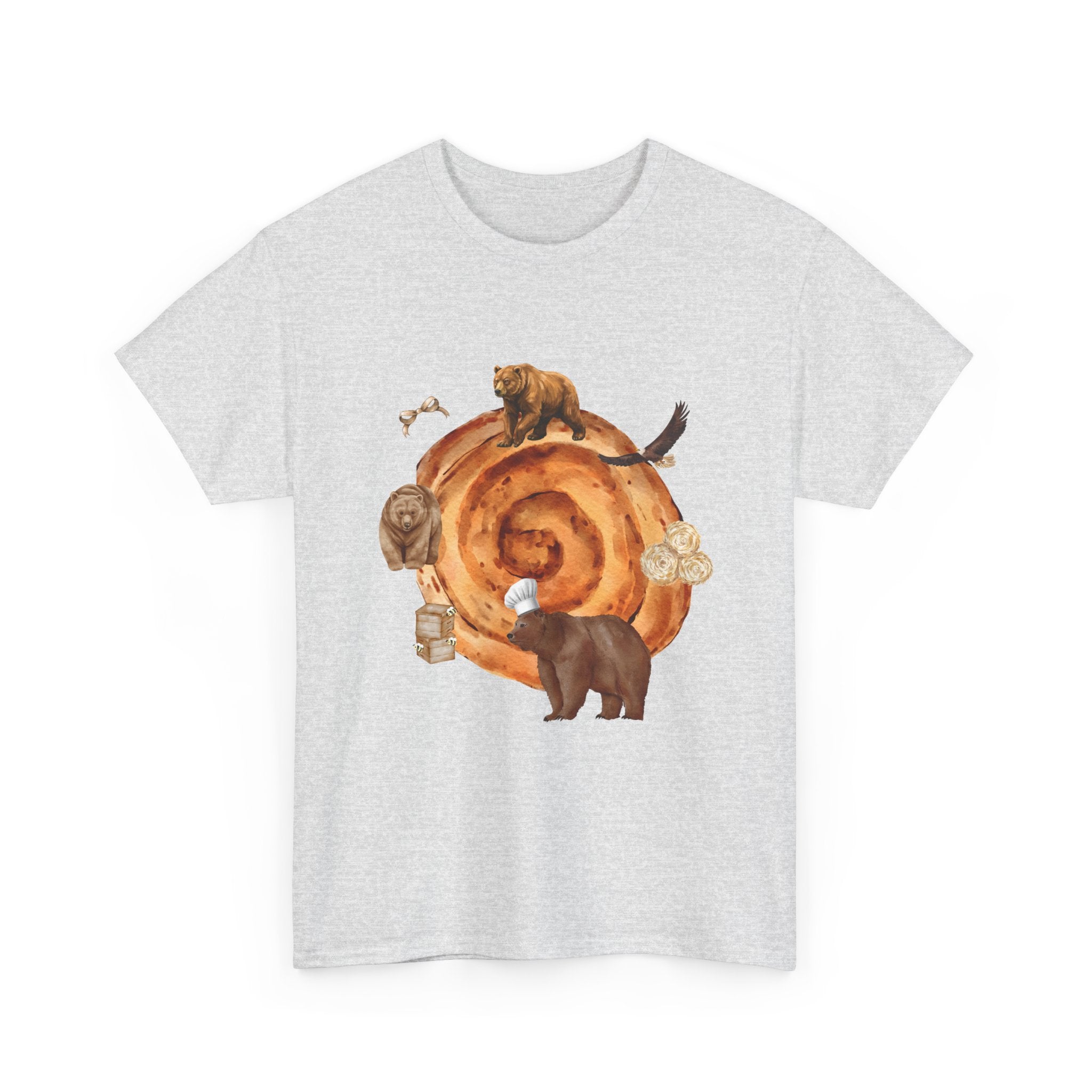 Grey t-shirt with a cinnamon roll surrounded by several hungry bears.
