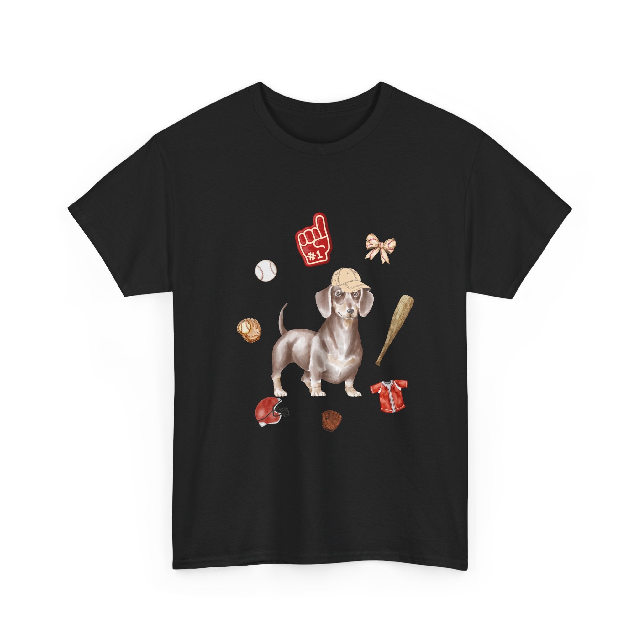 Black t-shirt with a dog in a baseball hat surrounded by a circle of balls, bats, and helmets.