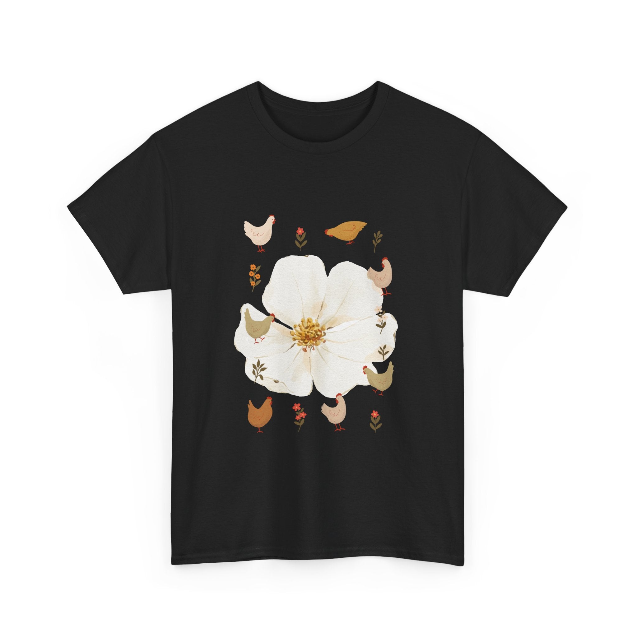 Black t-shirt with a bloom surrounded by roosters in various poses.