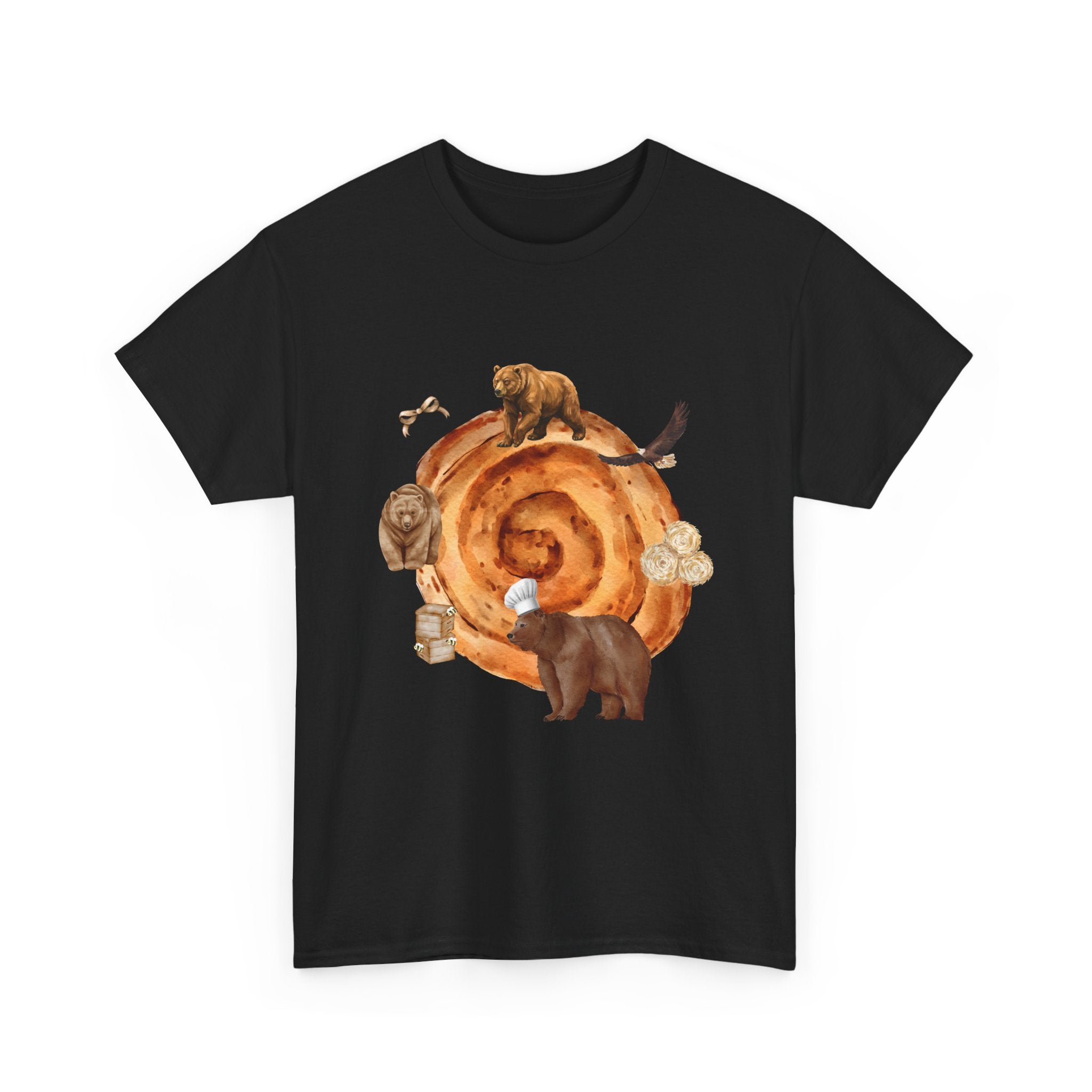 Black t-shirt with a cinnamon roll surrounded by several hungry bears.