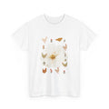 White t-shirt with a bloom surrounded by roosters in various pose