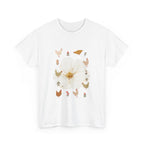 White t-shirt with a bloom surrounded by roosters in various pose