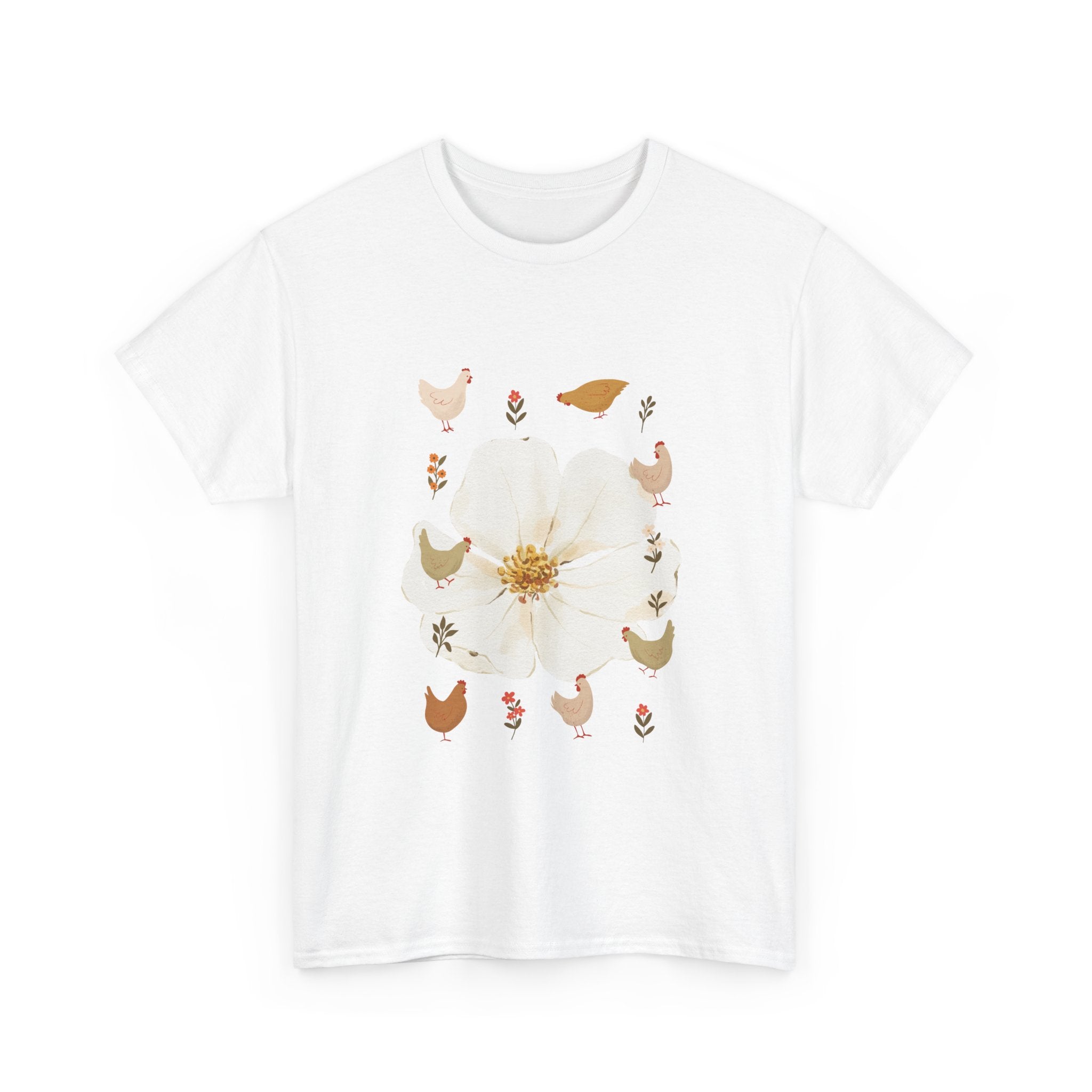 White t-shirt with a bloom surrounded by roosters in various pose