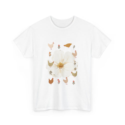 White t-shirt with a bloom surrounded by roosters in various pose