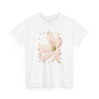 White t-shirt with a pink bloom surrounded by bunnies in various poses.