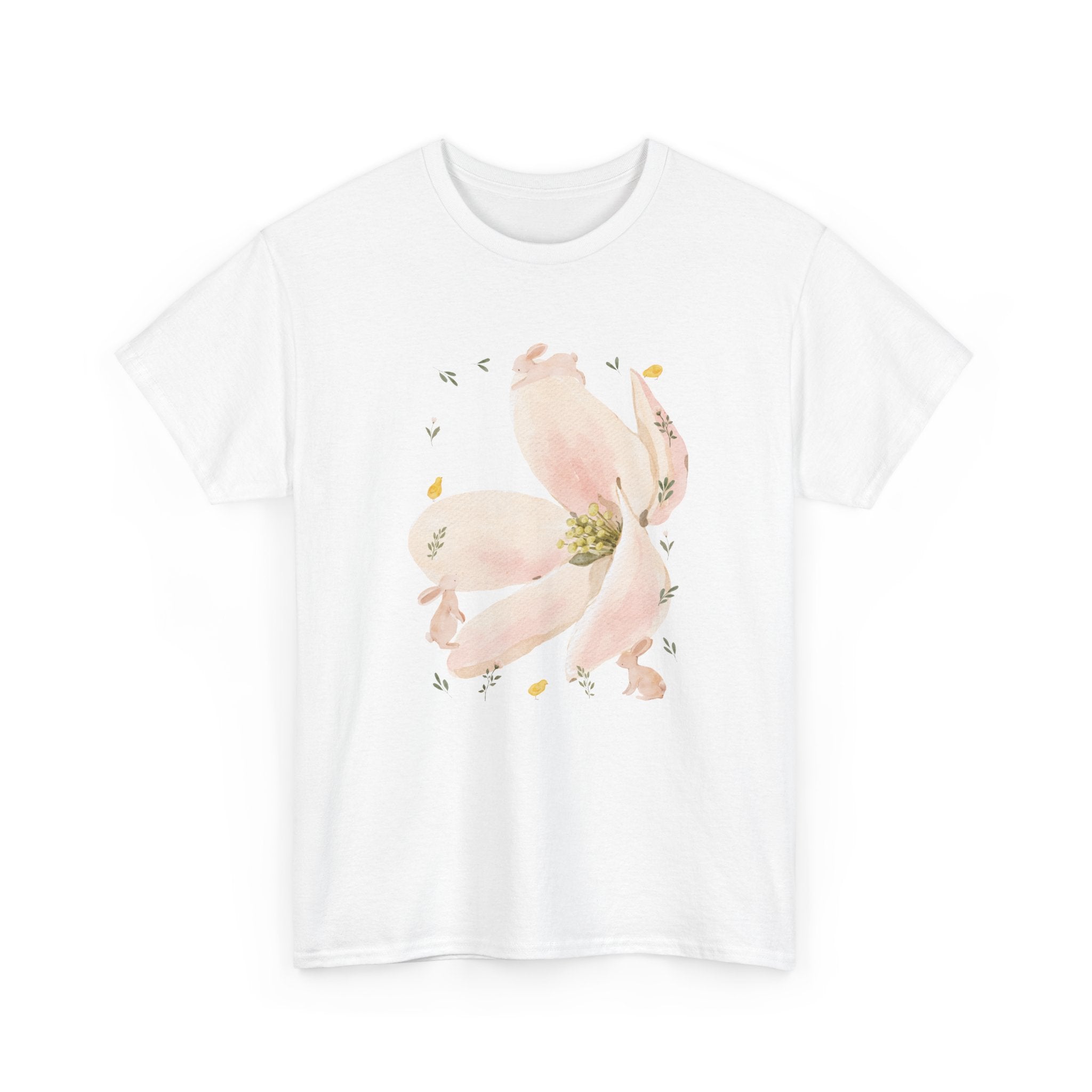 White t-shirt with a pink bloom surrounded by bunnies in various poses.