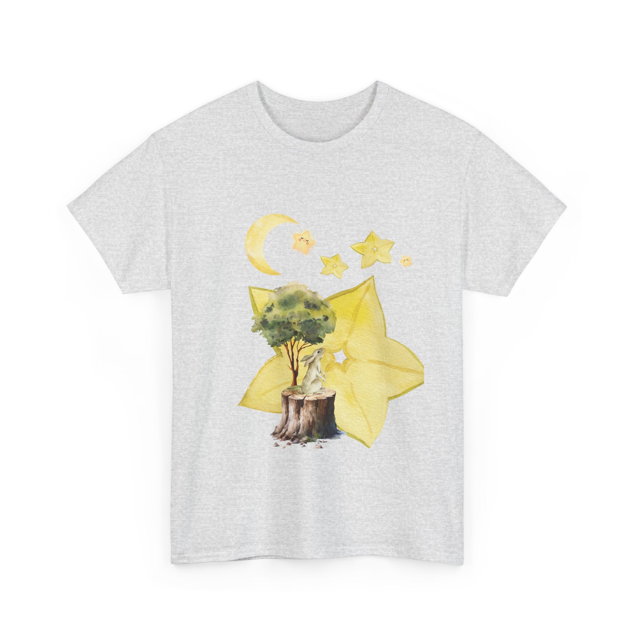 Grey t-shirt with a tree stump, leaves, and starfruit celestial graphics.