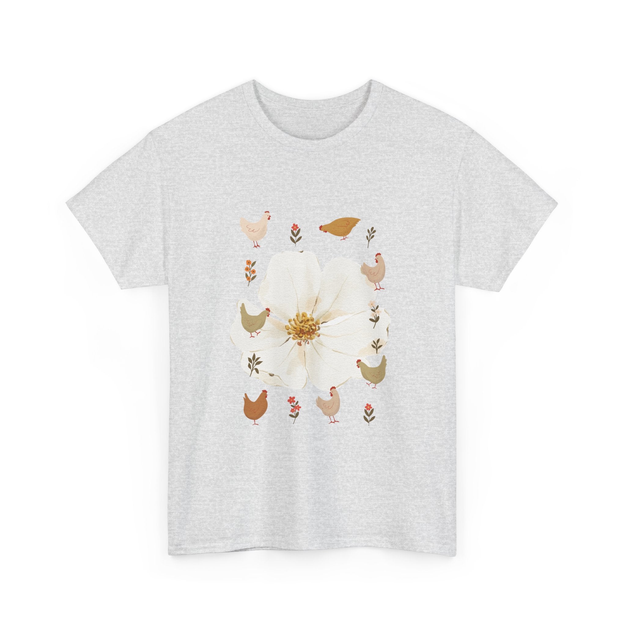 Grey t-shirt with a bloom surrounded by roosters in various poses.