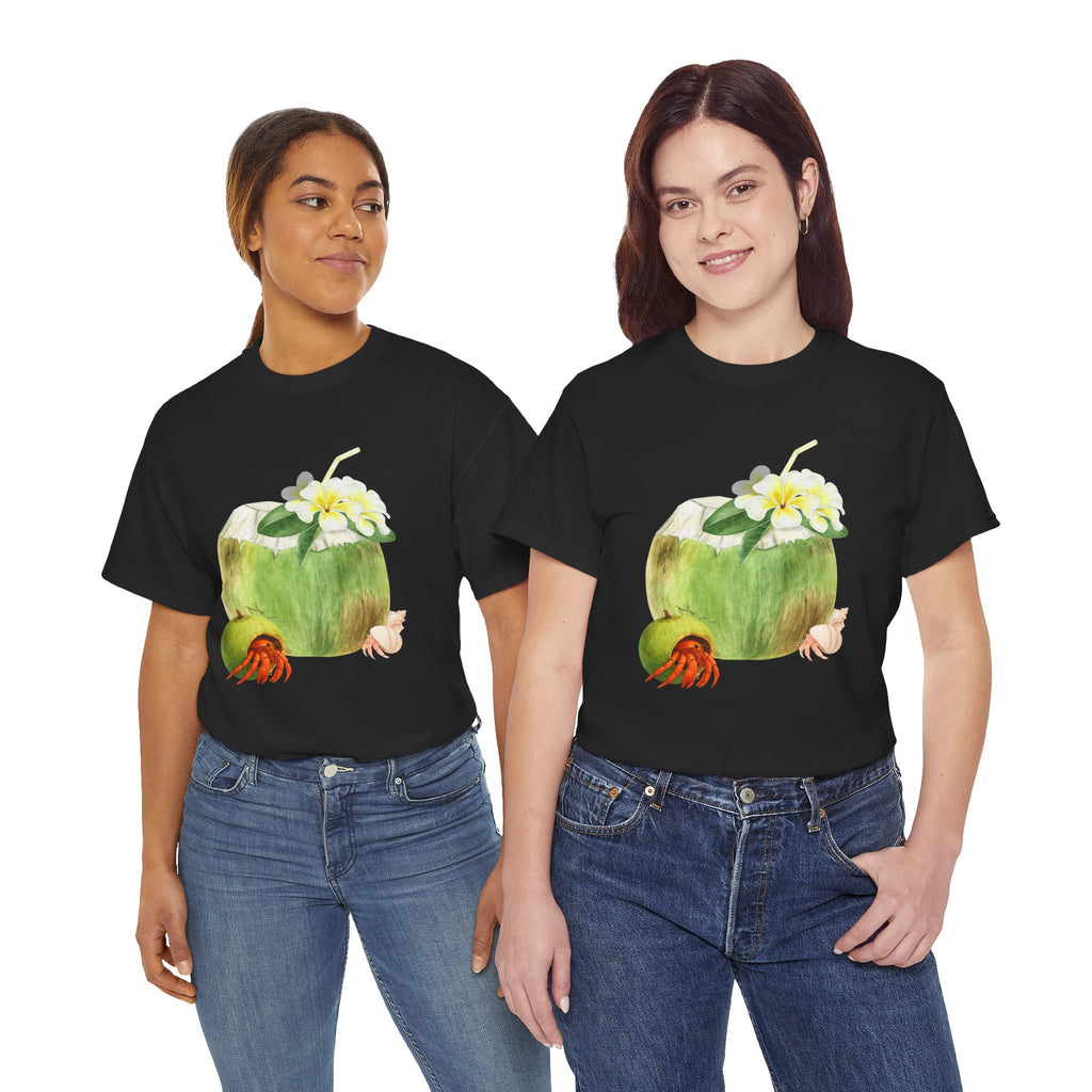 Two girls wearing black t-shirts featuring a graphic design of a hermit crab in a coconut shell and a straw-topped coconut.