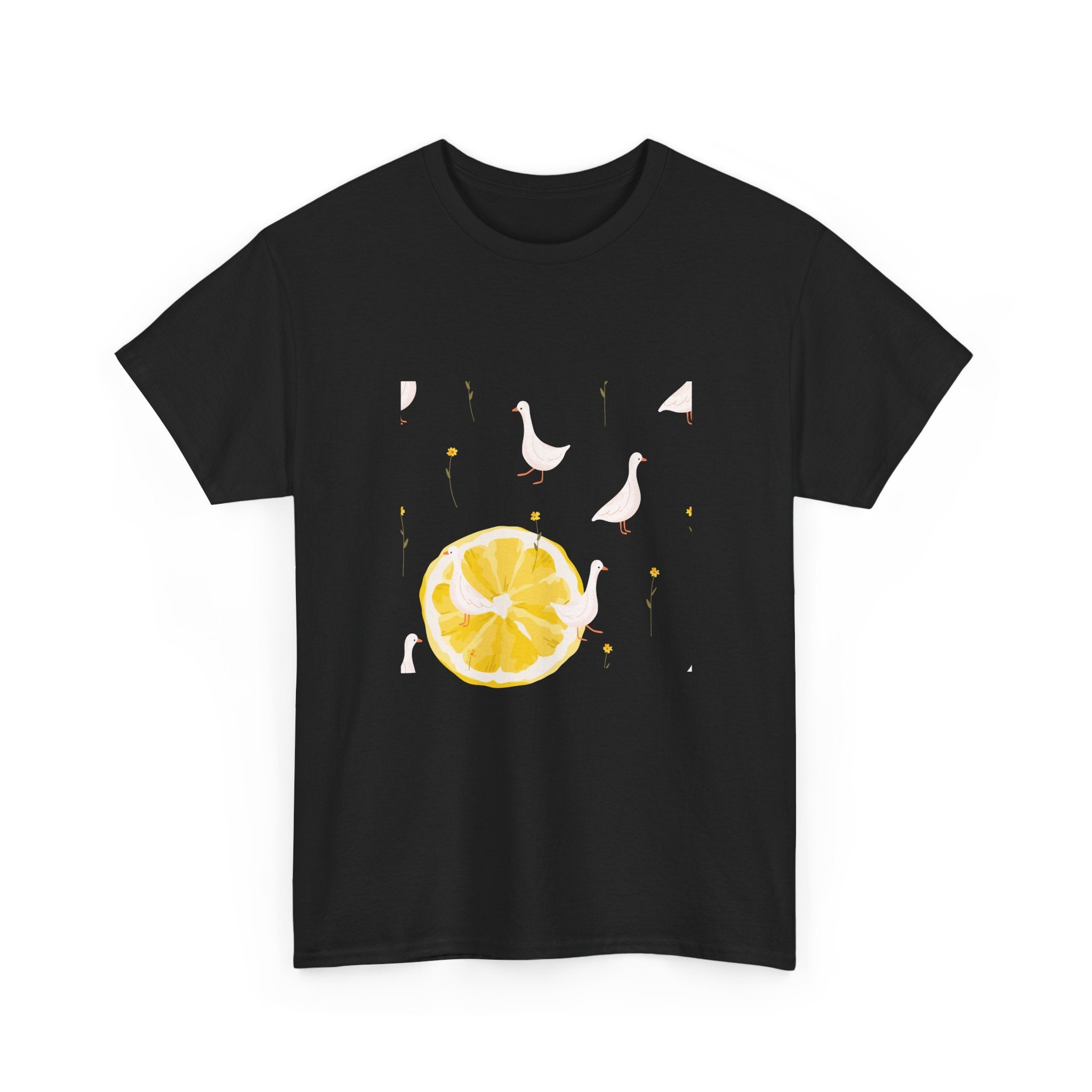 Black t-shirt with a juicy lemon in the bottom-left corner and white ducks covering the entire design.