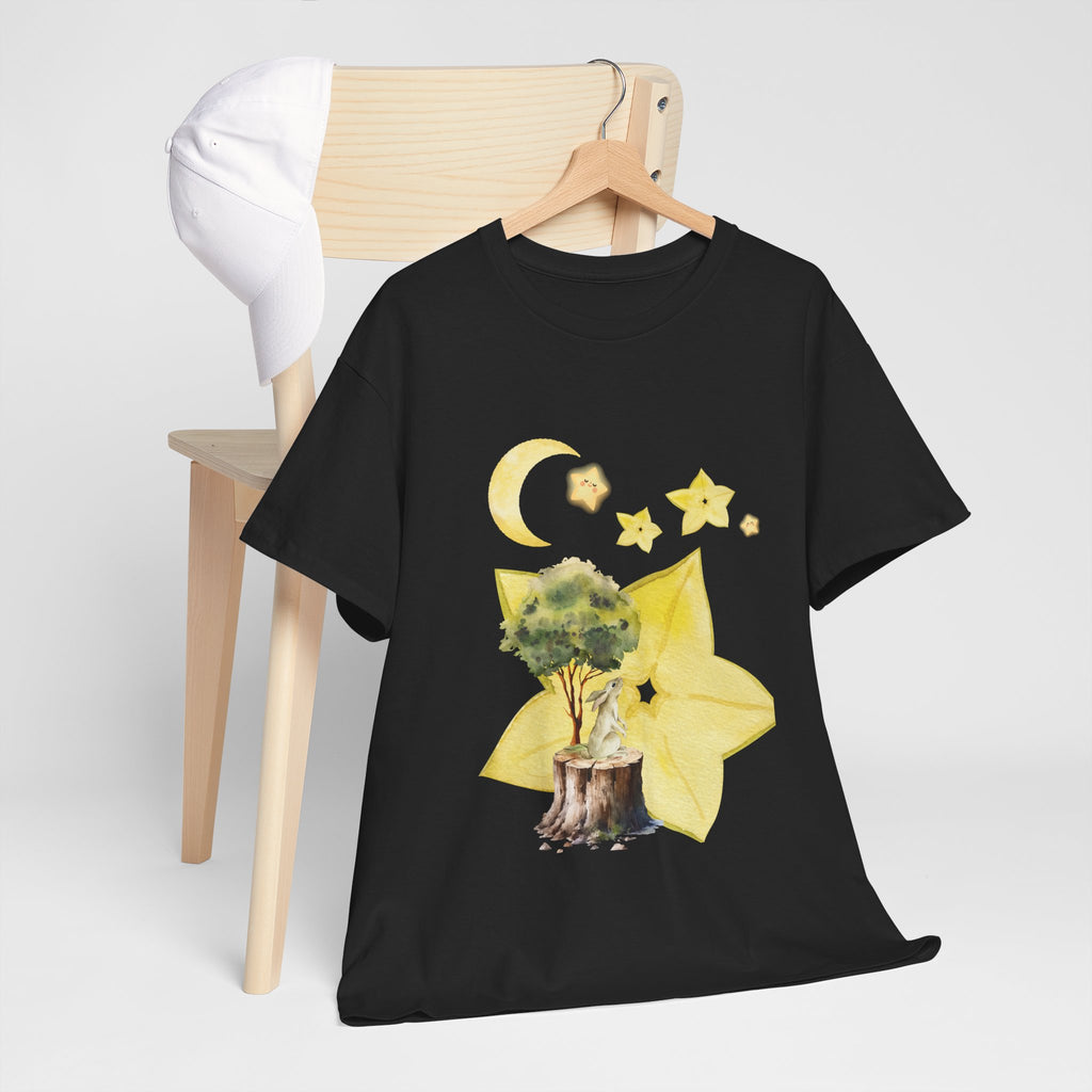 A black t-shirt hanging on a chair, featuring a graphic design of a tree stump, leaves, and starfruit celestial elements.