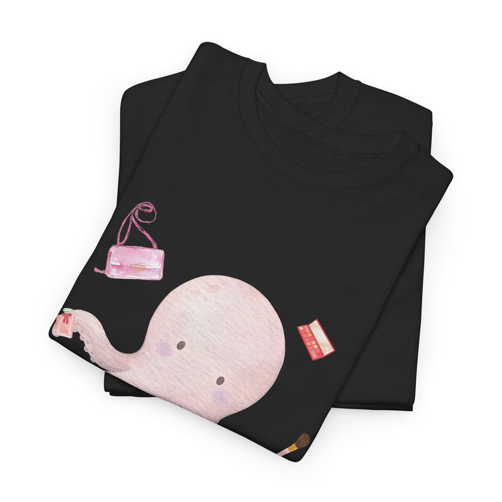 A folded black t-shirt featuring a graphic design of a pink octopus multitasking its tentacles to apply lipstick, brush on makeup, and juggle beauty accessories.
