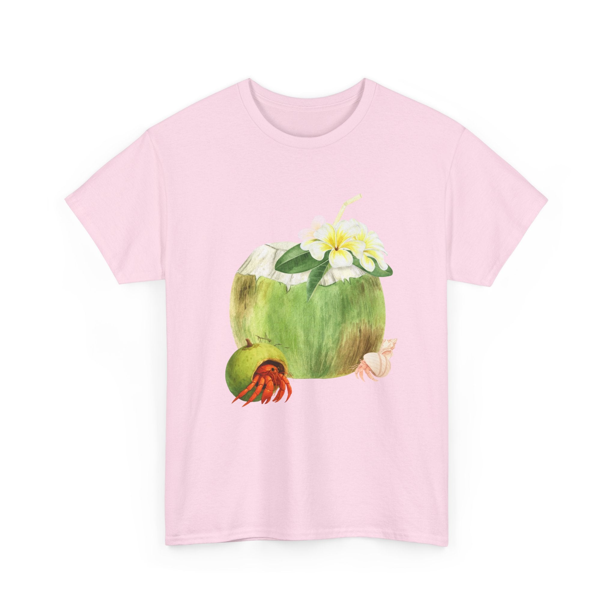 Pink t-shirt with a hermit crab in a coconut shell and a straw-topped coconut.