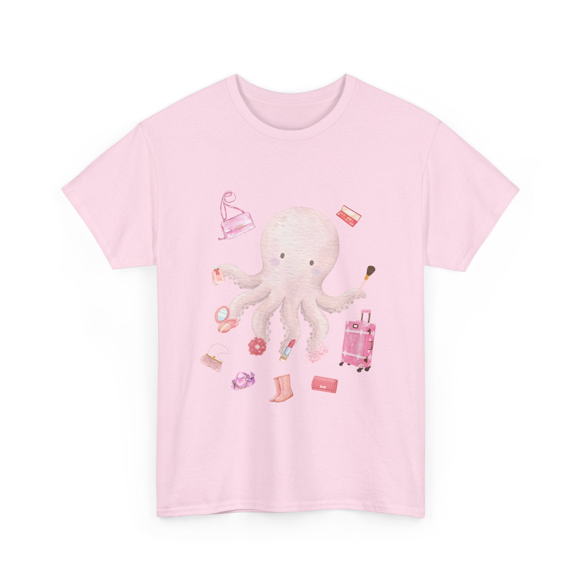Pink t-shirt with a pink octopus multitasking its tentacles to apply lipstick, brush on makeup, and juggle beauty accessories.