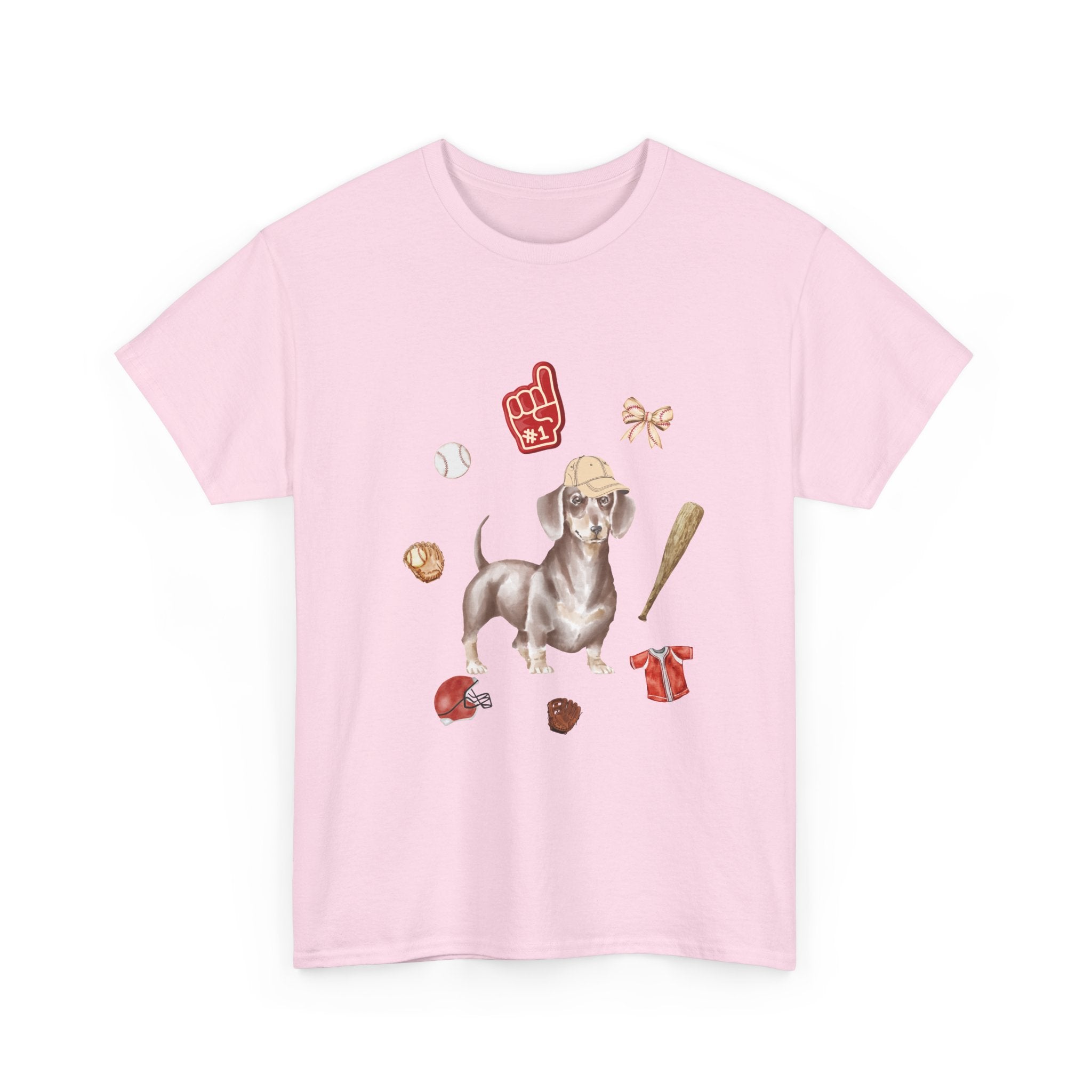 Pink t-shirt with a dog in a baseball hat surrounded by a circle of balls, bats, and helmets.