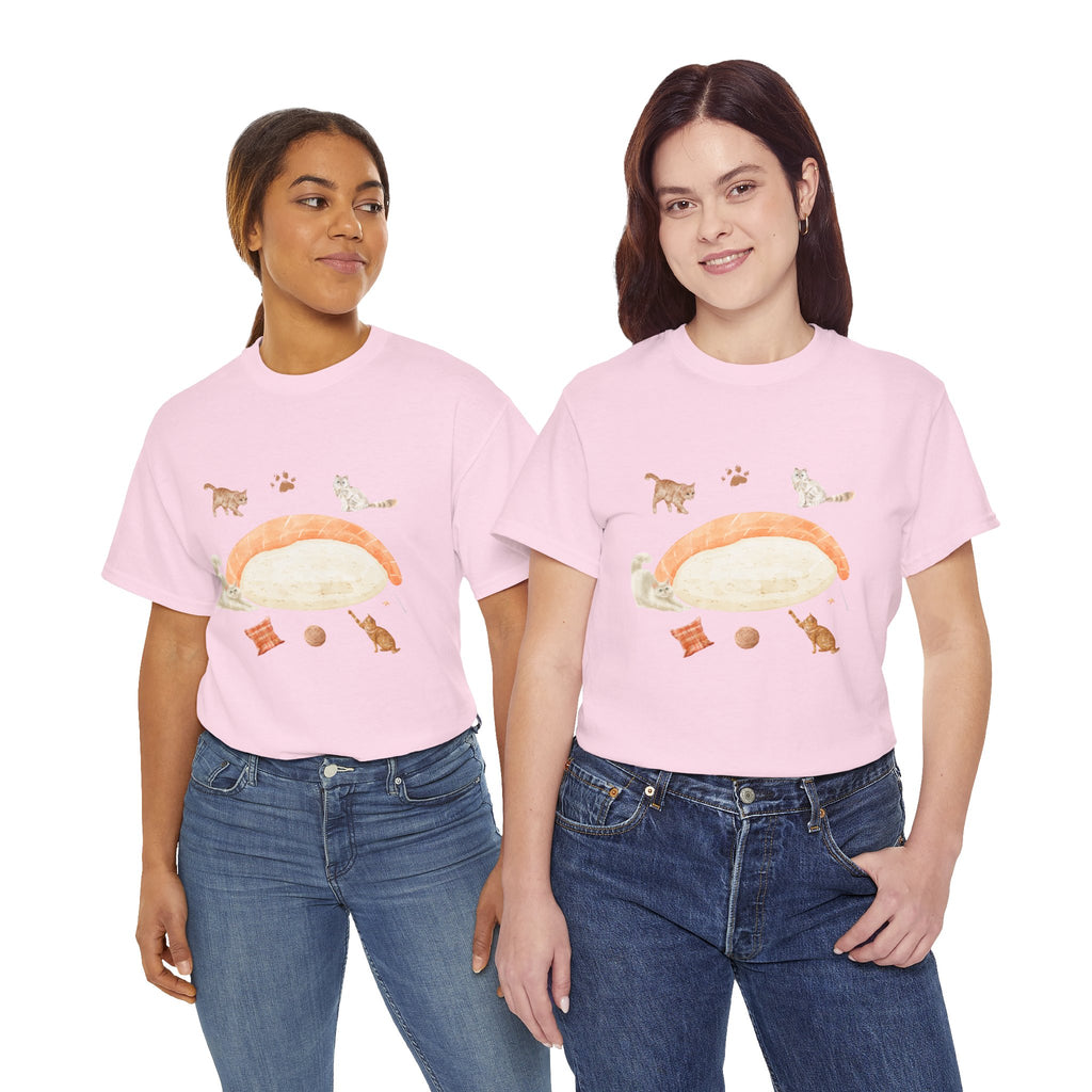 Two girls wearing pink t-shirts featuring a graphic design of a piece of nigiri sushi surrounded by a circle of cats, yarn balls, and cushions.