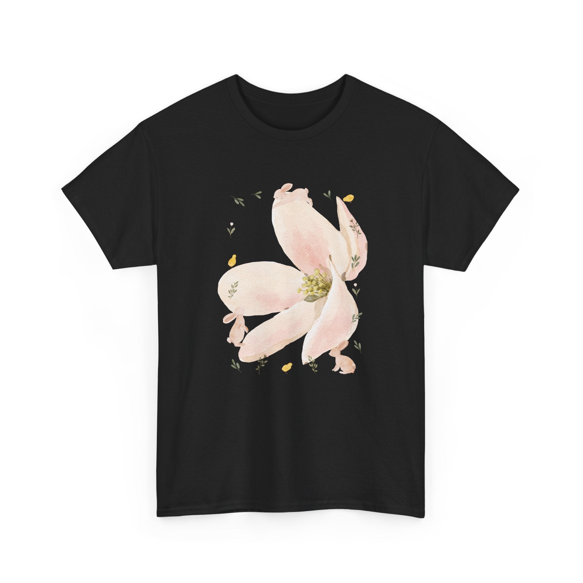 Black t-shirt with a pink bloom surrounded by bunnies in various poses.