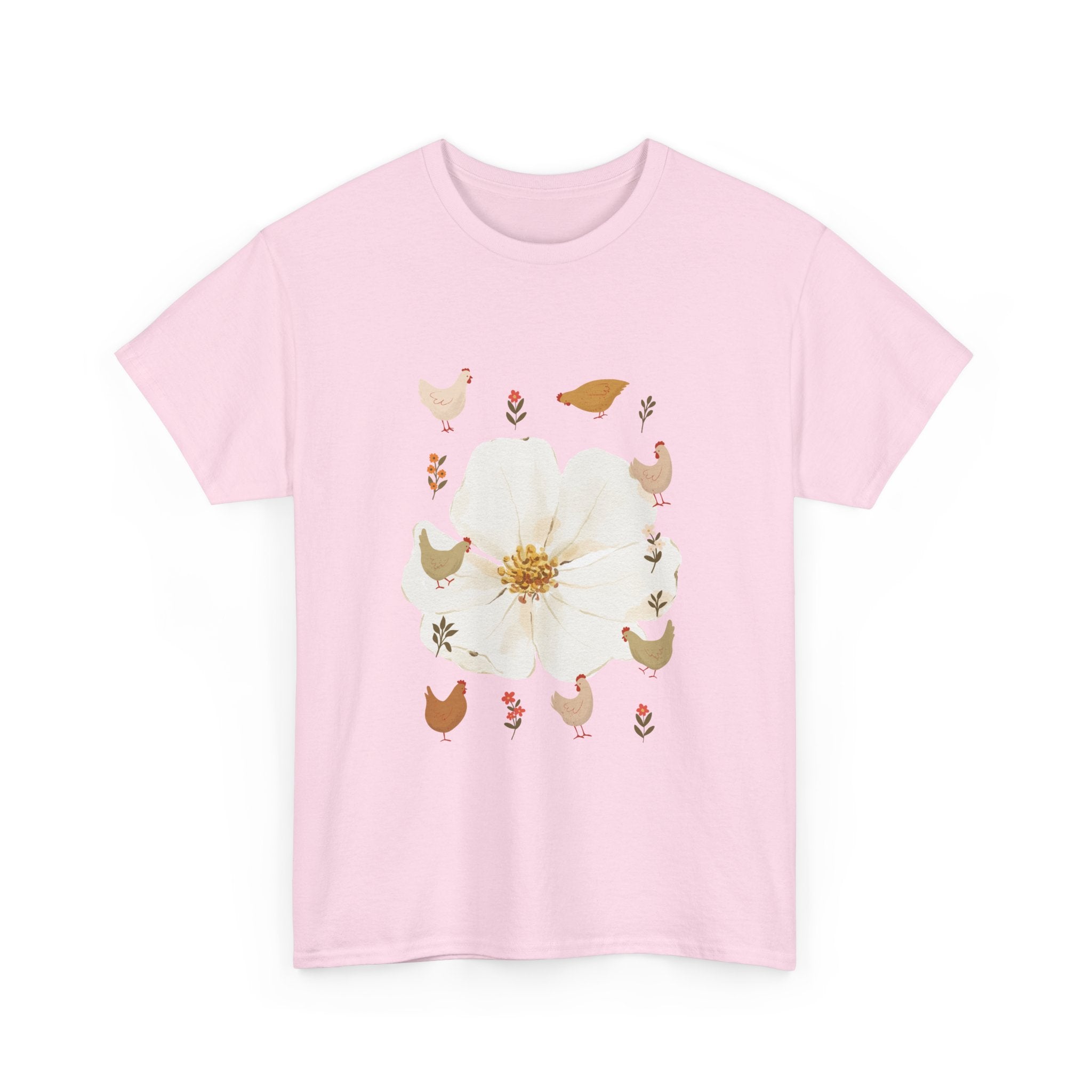Pink t-shirt with a bloom surrounded by roosters in various poses.