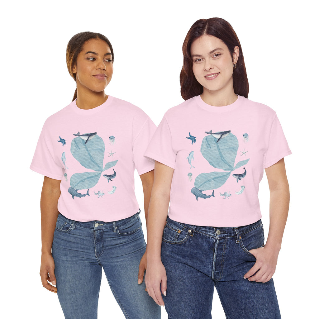 Two girls wearing pink t-shirts featuring a graphic design of a pink bloom surrounded by bunnies in various poses.