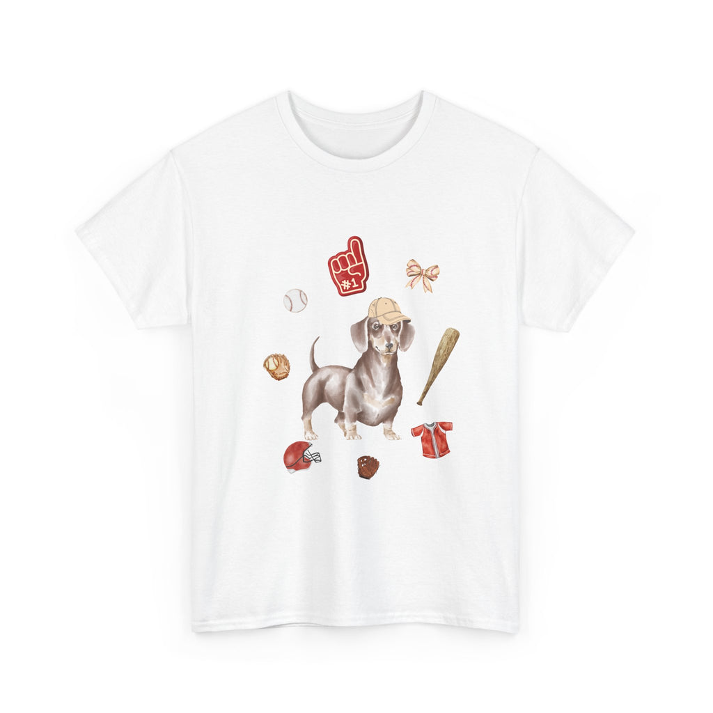 White t-shirt with a dog in a baseball hat surrounded by a circle of balls, bats, and helmets.
