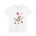 White t-shirt with a dog in a baseball hat surrounded by a circle of balls, bats, and helmets.