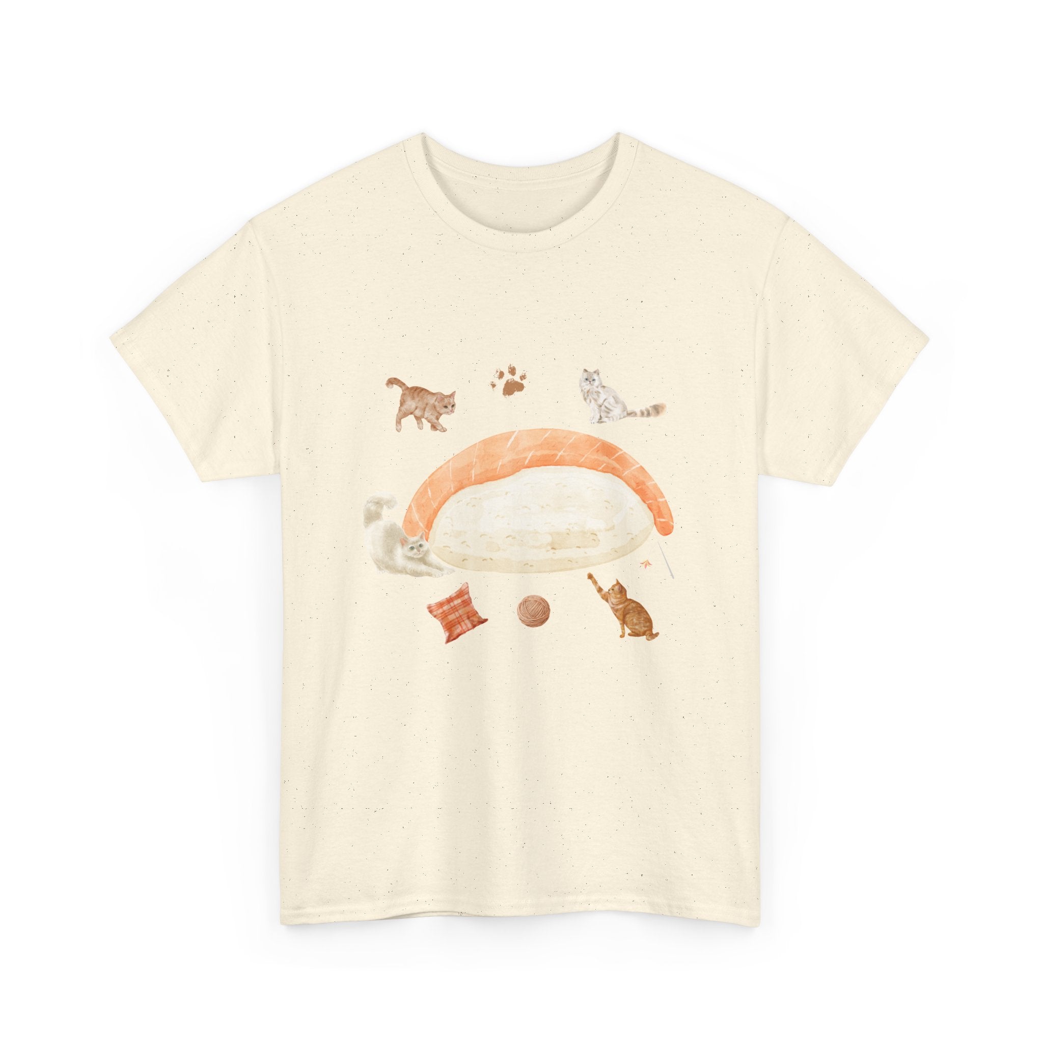 Beige t-shirt with a piece of nigiri sushi surrounded by a circle of cats, yarn balls, and cushions.