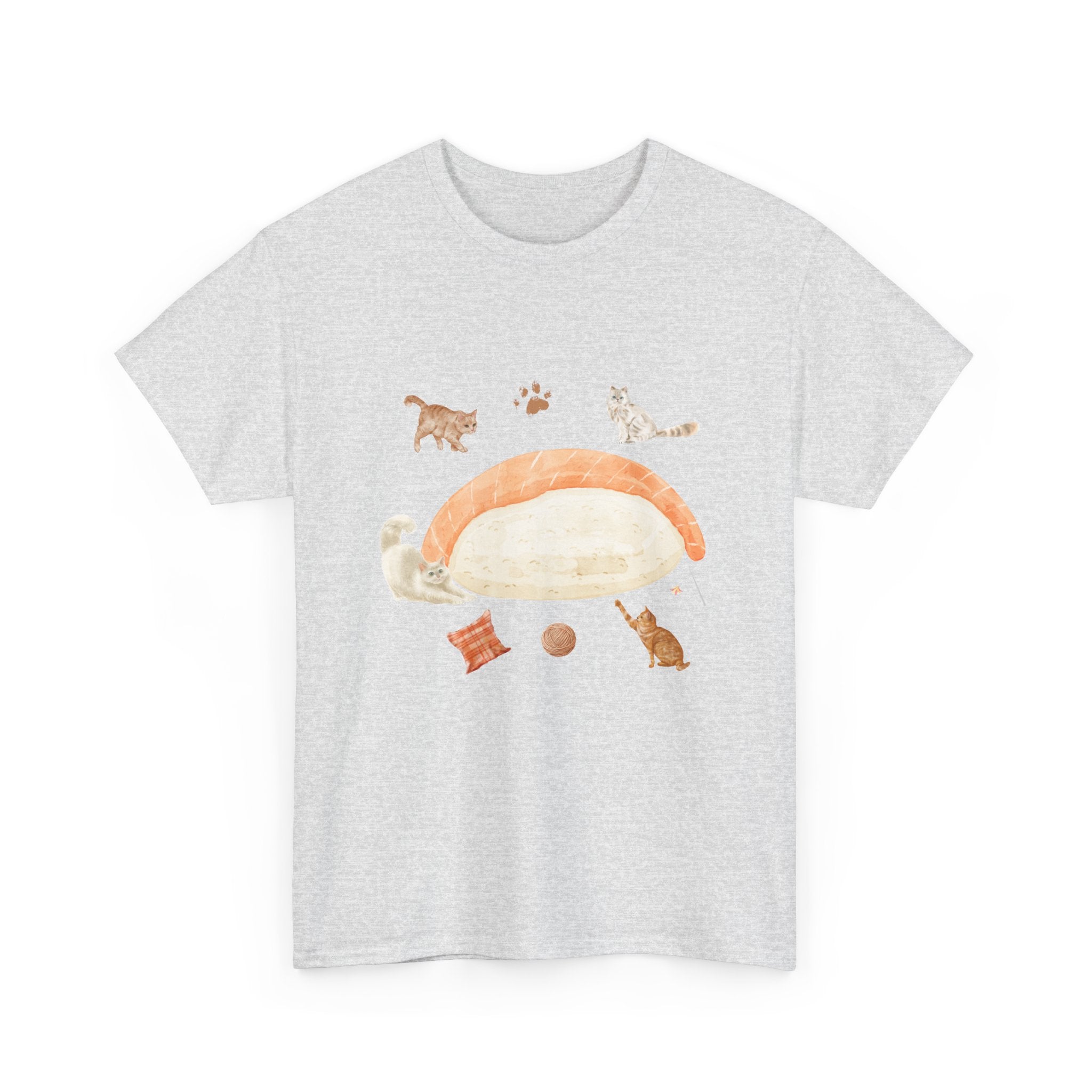 Grey t-shirt with a piece of nigiri sushi surrounded by a circle of cats, yarn balls, and cushions.