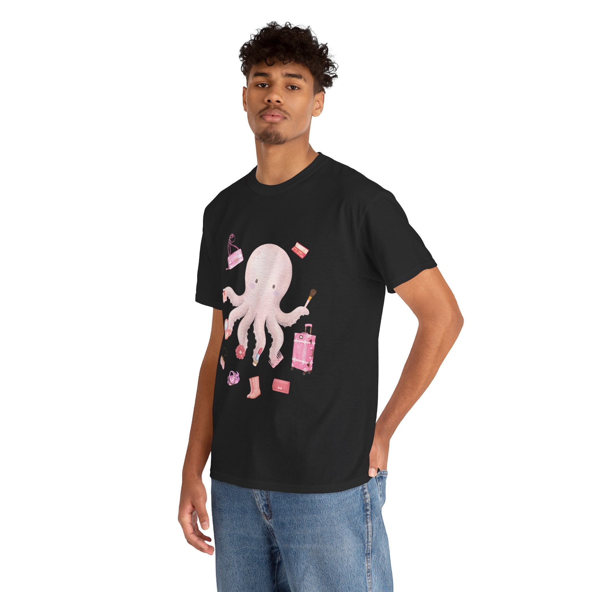 A man wearing a black t-shirt featuring a graphic design of a pink octopus multitasking its tentacles to apply lipstick, brush on makeup, and juggle beauty accessories.